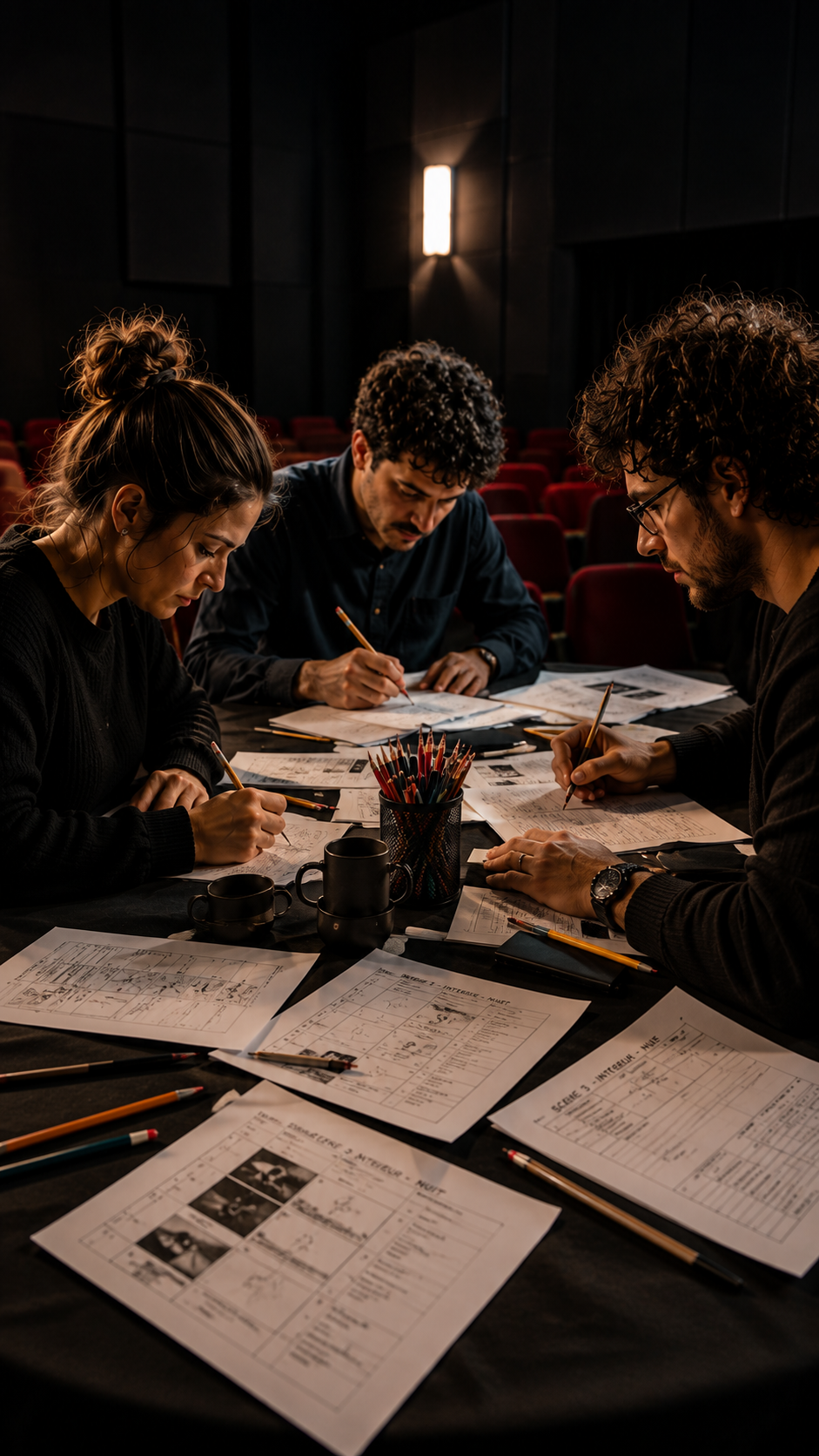 Trois adultes travaillent sur leurs storyboards dans une salle de cinéma