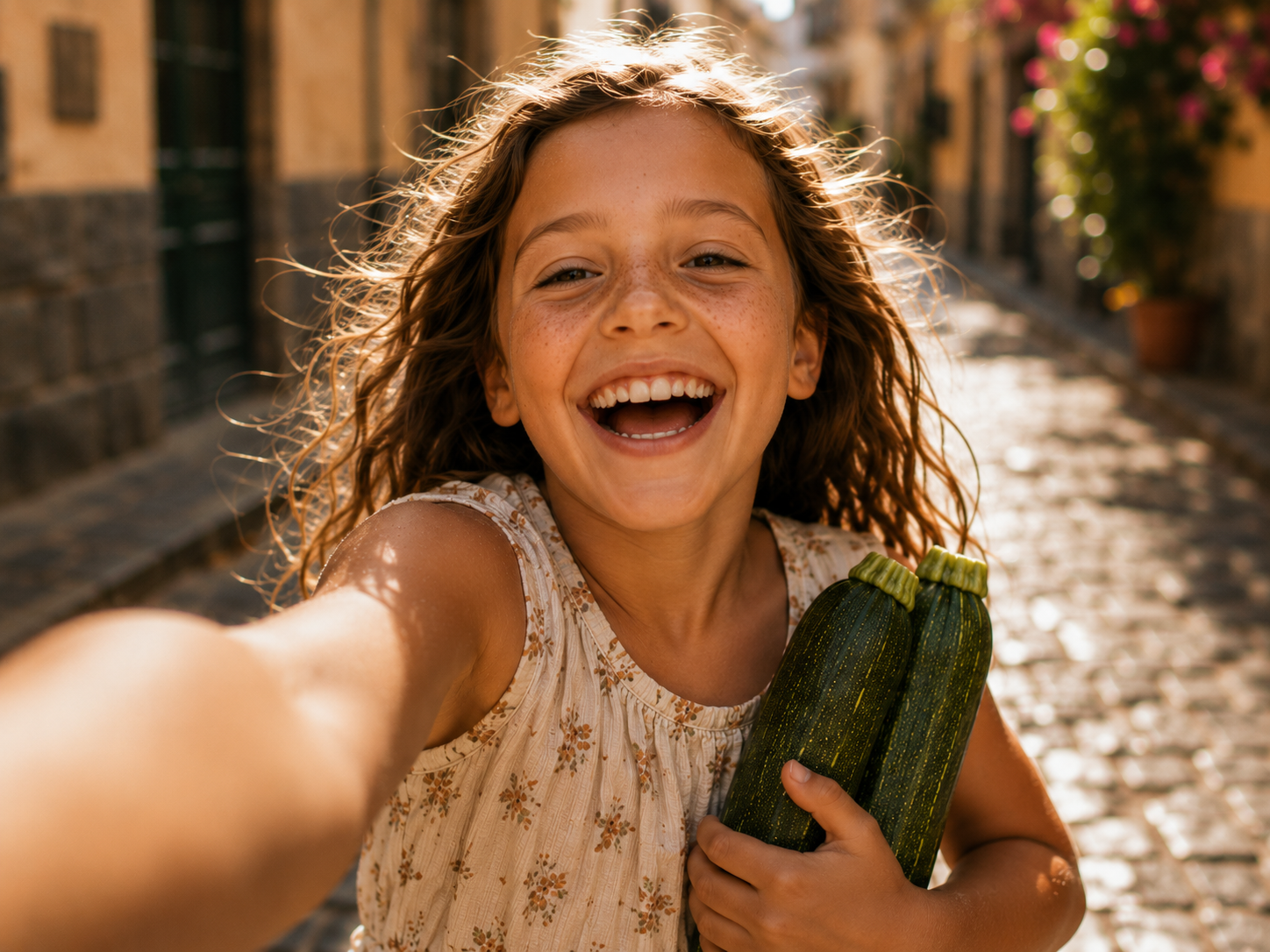 Une jeune fille souriante dans une rue ensoleillée, image du film Alba